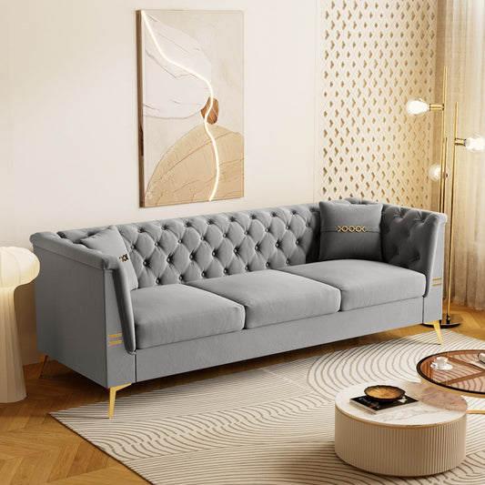Canapé moderne en velours capitonné, canapé 3 places style milieu de siècle avec pieds et coussins en métal doré, élégant canapé de style Chesterfield