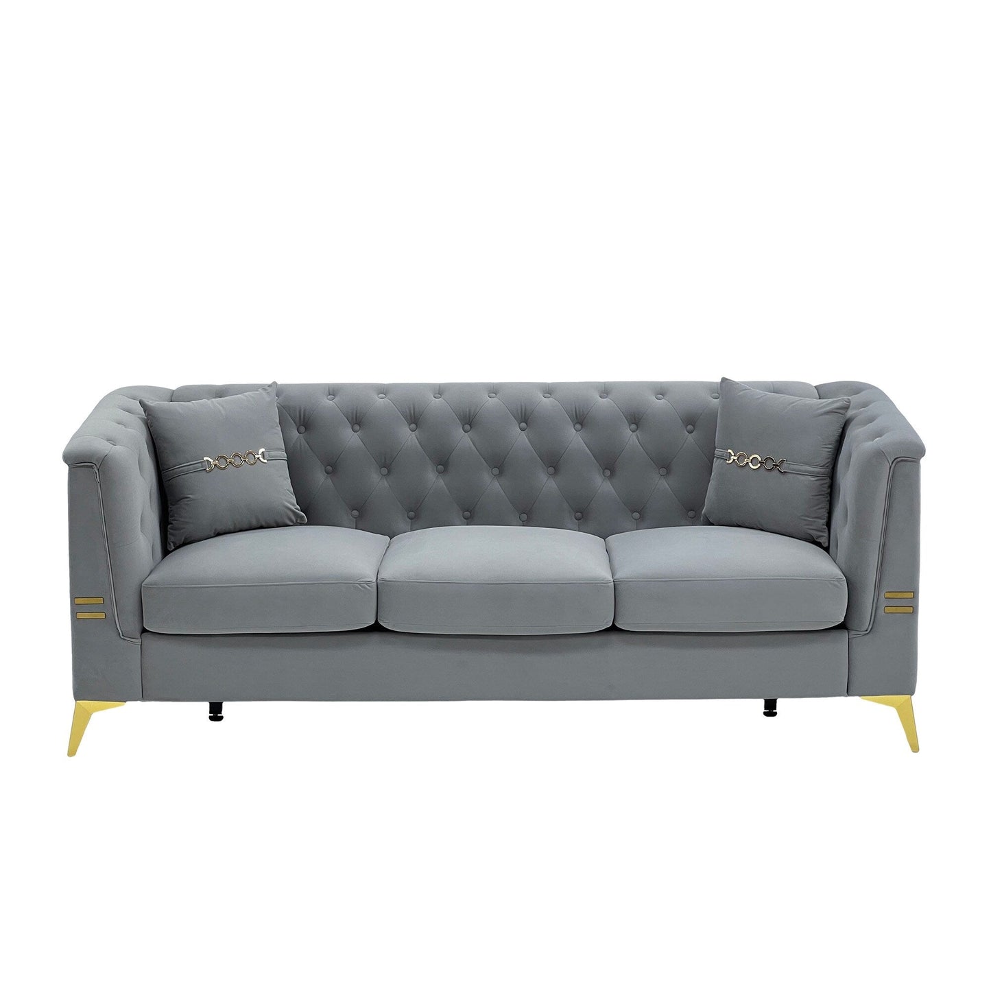 Canapé moderne en velours capitonné, canapé 3 places style milieu de siècle avec pieds et coussins en métal doré, élégant canapé de style Chesterfield