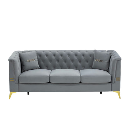 Canapé moderne en velours capitonné, canapé 3 places style milieu de siècle avec pieds et coussins en métal doré, élégant canapé de style Chesterfield