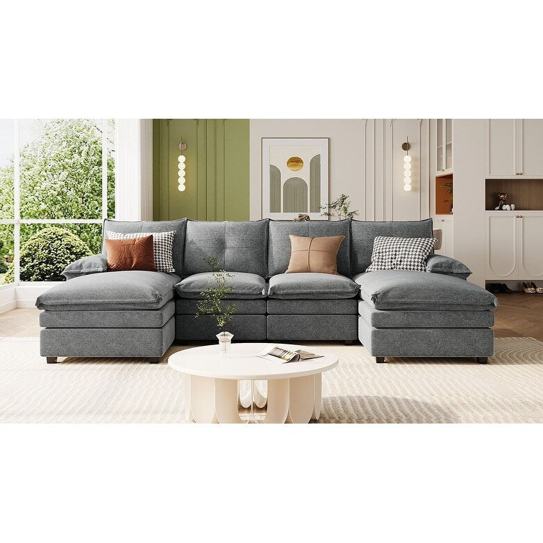 Canapé modulaire moderne en chenille en forme de U, canapé sectionnel 6 places avec dossier capitonné et coussins d'accoudoirs réglables