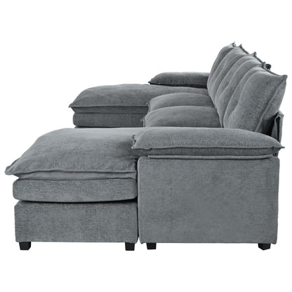 Canapé modulaire moderne en chenille en forme de U, canapé sectionnel 6 places avec dossier capitonné et coussins d'accoudoirs réglables