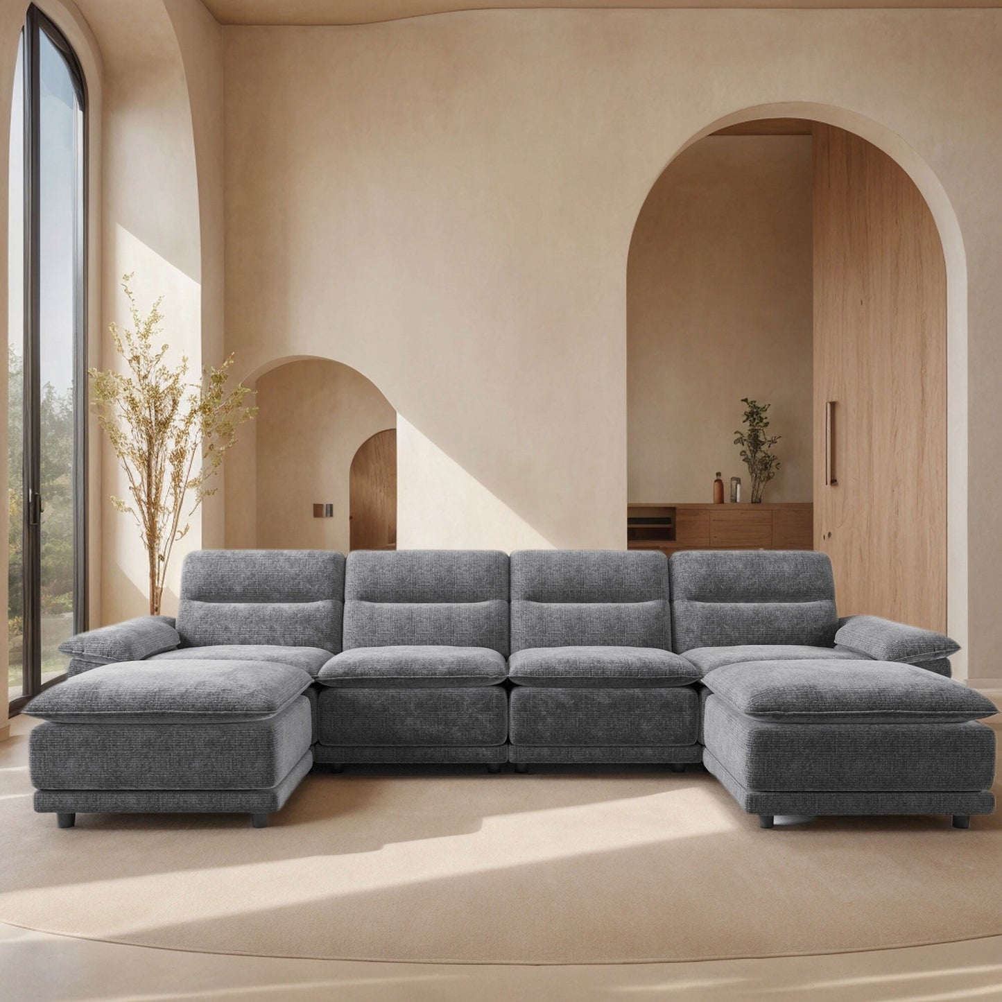 Canapé-lit modulable moderne en forme de U, 6 places, avec méridienne et pouf, pour le salon
