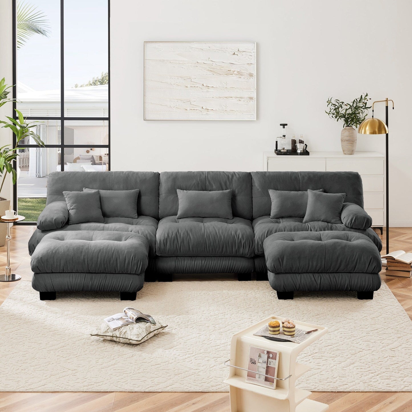 Canapé modulaire moderne en forme de U, sièges profonds, avec 2 poufs et coussins décoratifs pour le salon