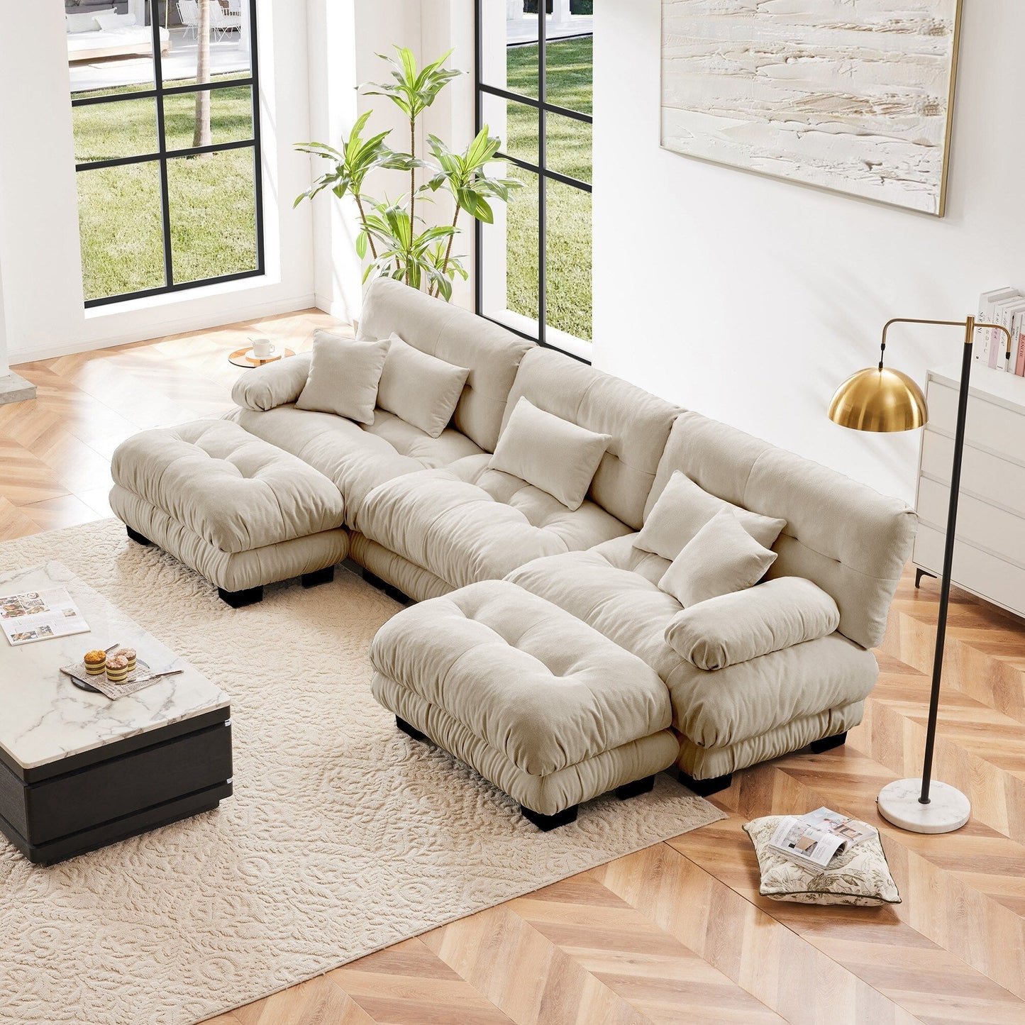 Canapé modulaire moderne en forme de U, sièges profonds, avec 2 poufs et coussins décoratifs pour le salon
