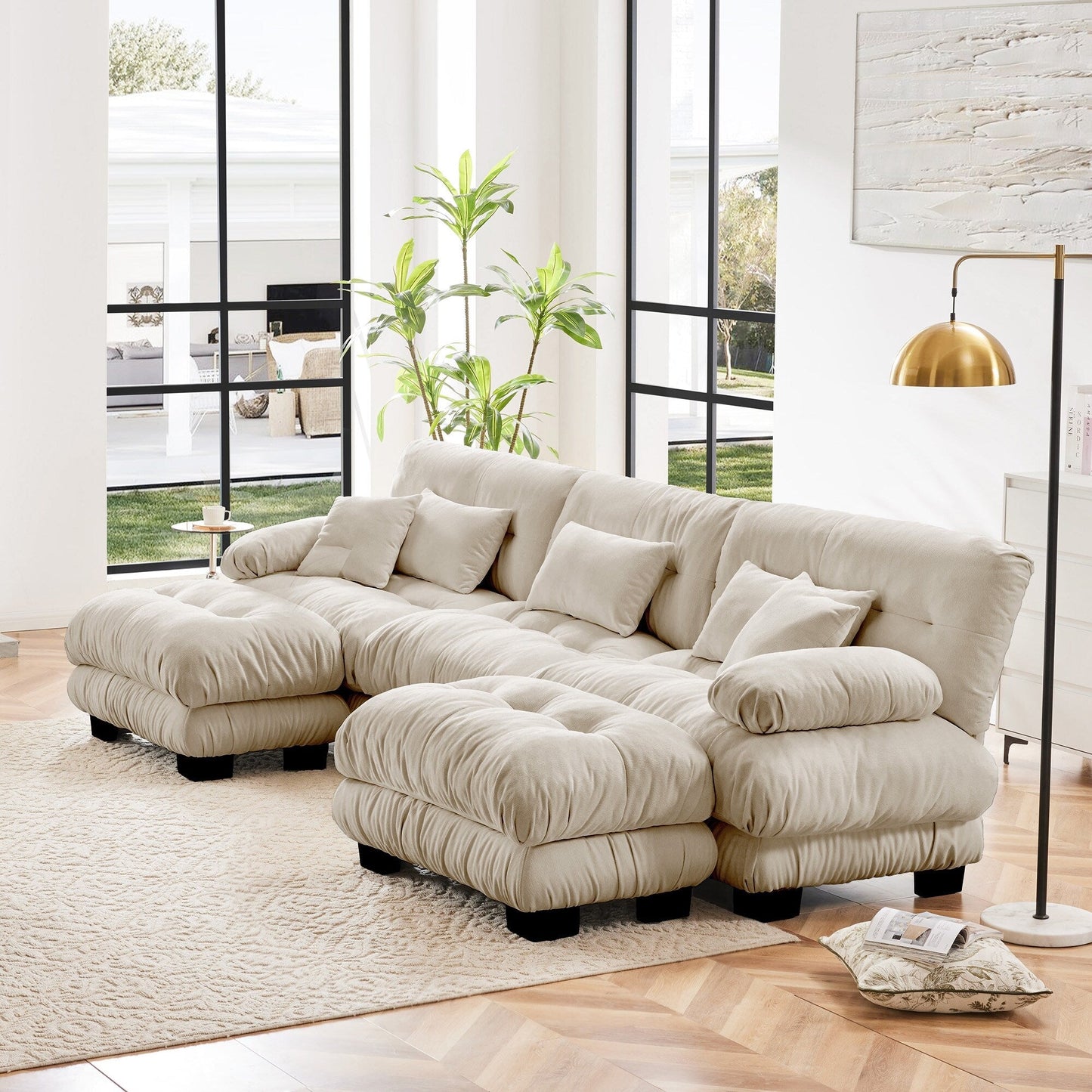 Canapé modulaire moderne en forme de U, sièges profonds, avec 2 poufs et coussins décoratifs pour le salon