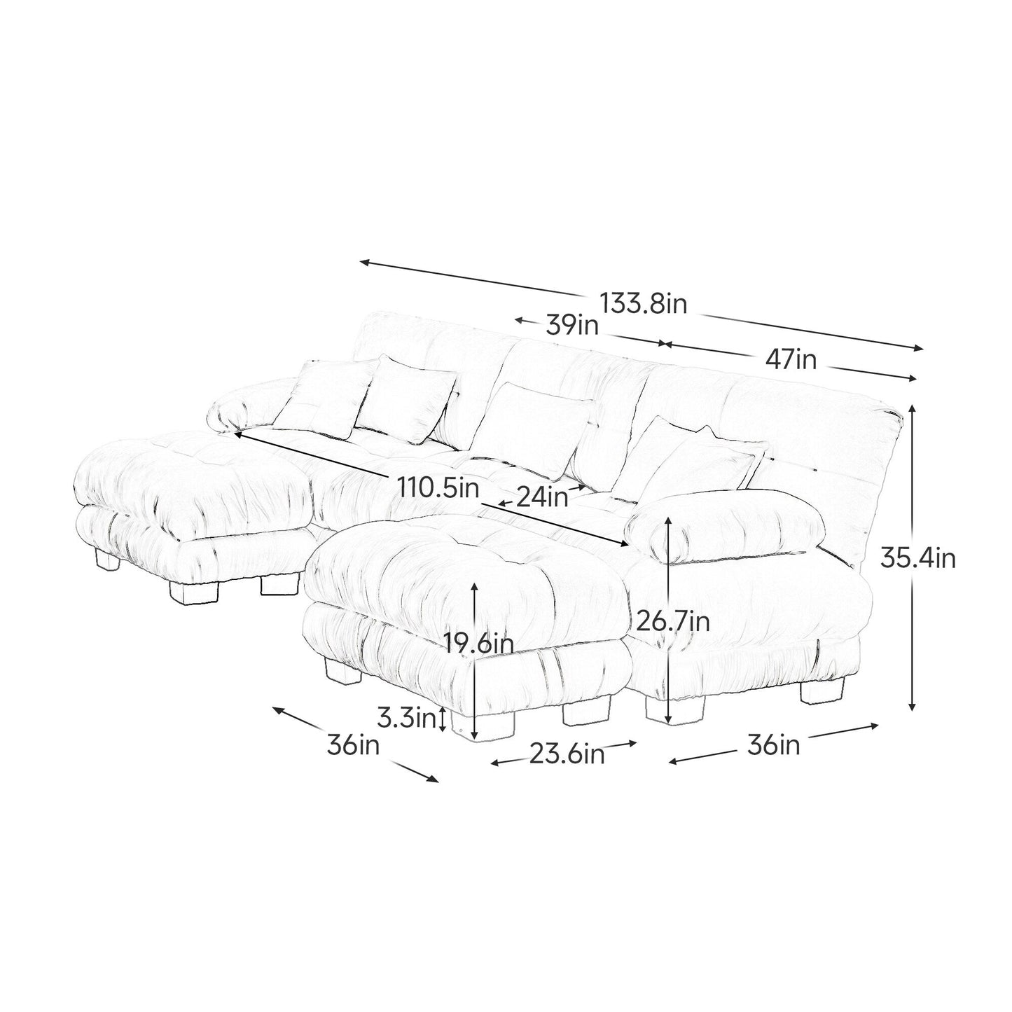 Canapé modulaire moderne en forme de U, sièges profonds, avec 2 poufs et coussins décoratifs pour le salon