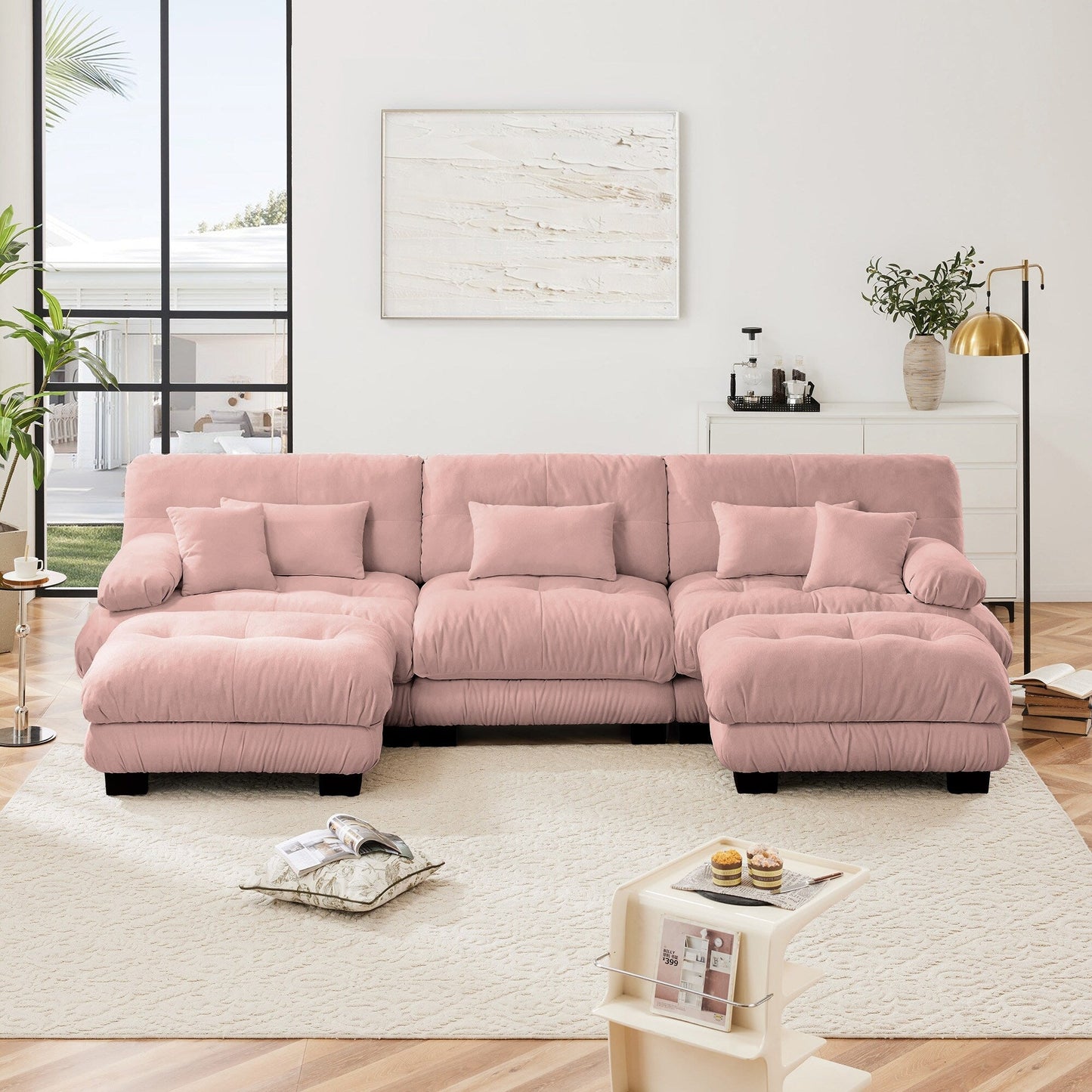 Canapé modulaire moderne en forme de U, sièges profonds, avec 2 poufs et coussins décoratifs pour le salon