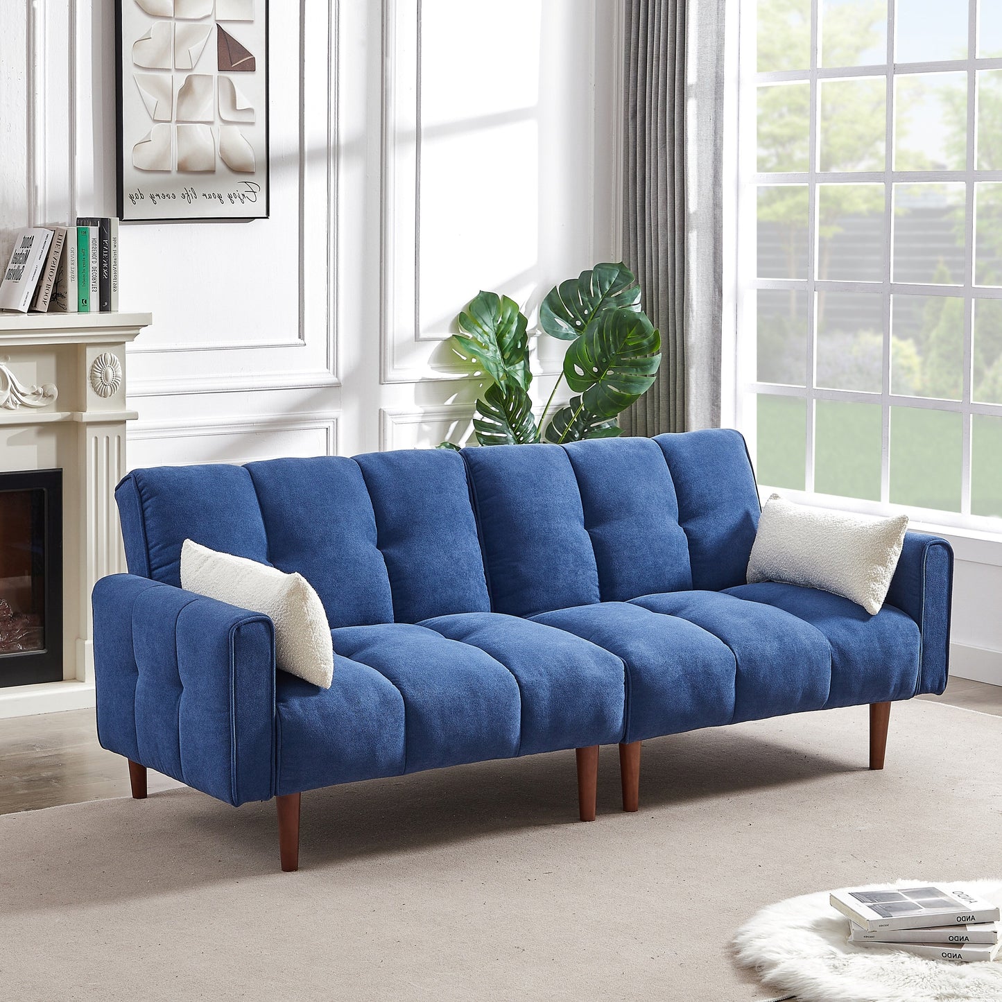 Canapé-lit futon moderne rembourré avec dossier réglable, pieds et oreillers en bois, idéal pour les appartements et les studios