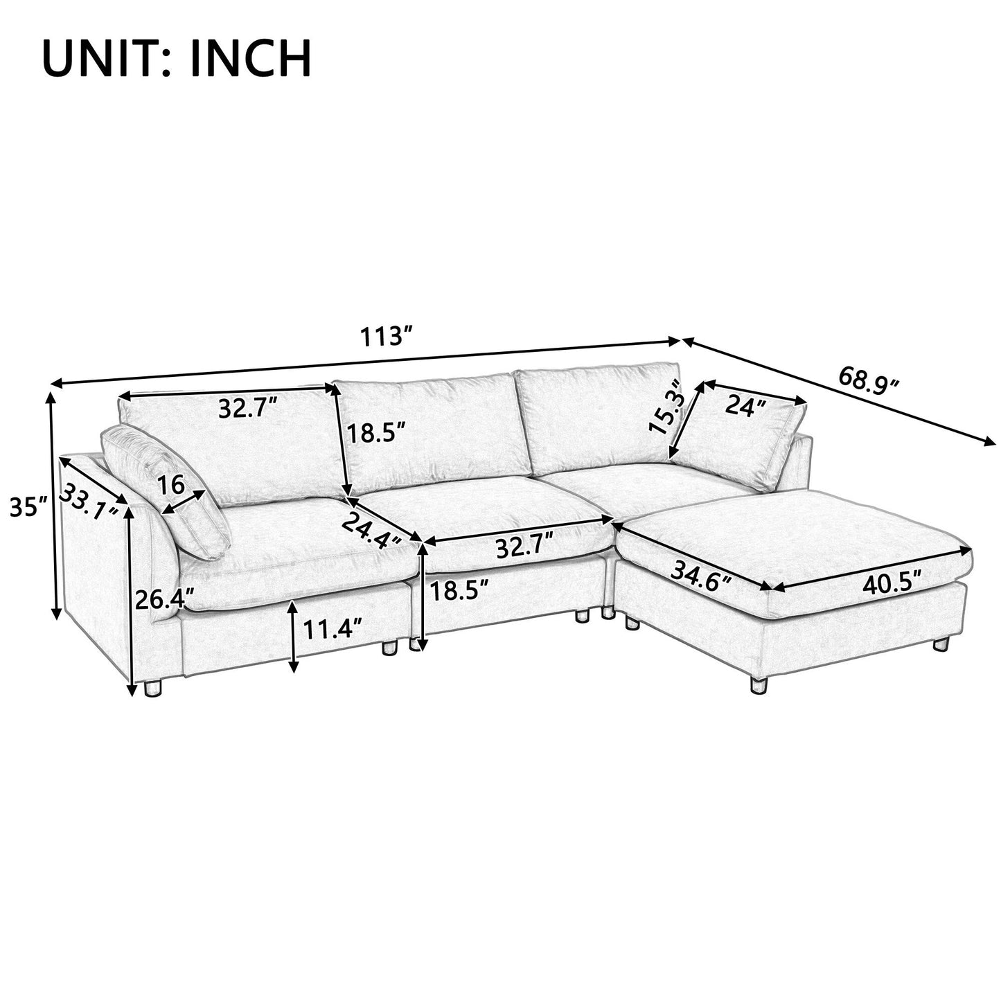 Canapé sectionnel convertible en L rembourré moderne avec repose-pieds réglable et méridienne réversible pour salon