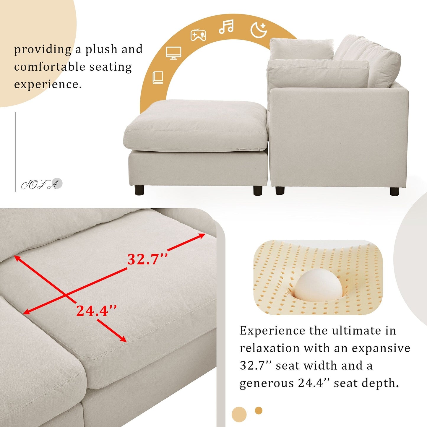 Canapé sectionnel convertible en L rembourré moderne avec repose-pieds réglable et méridienne réversible pour salon