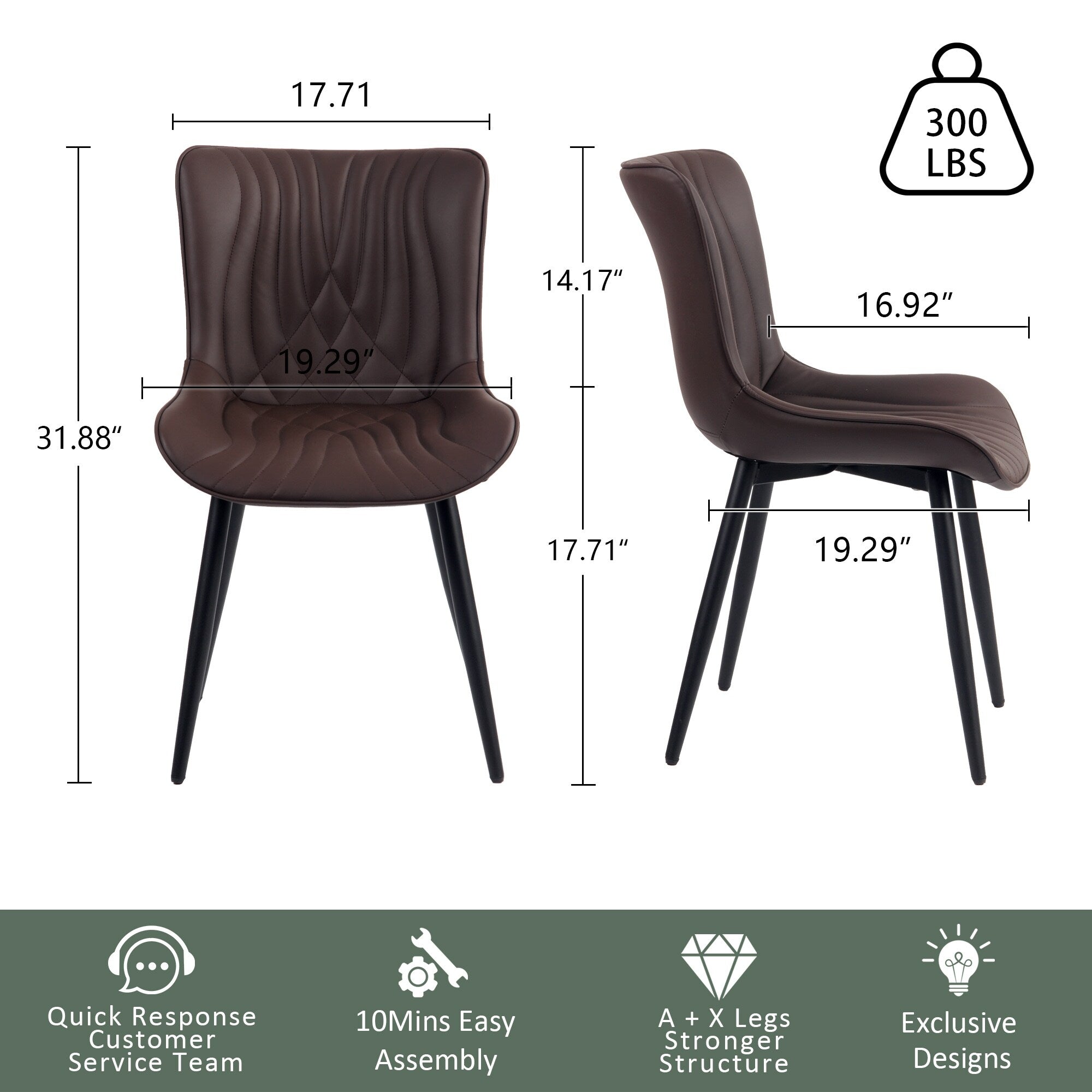 Lot de 2 chaises de salle à manger modernes en cuir rembourré sans accoudoirs