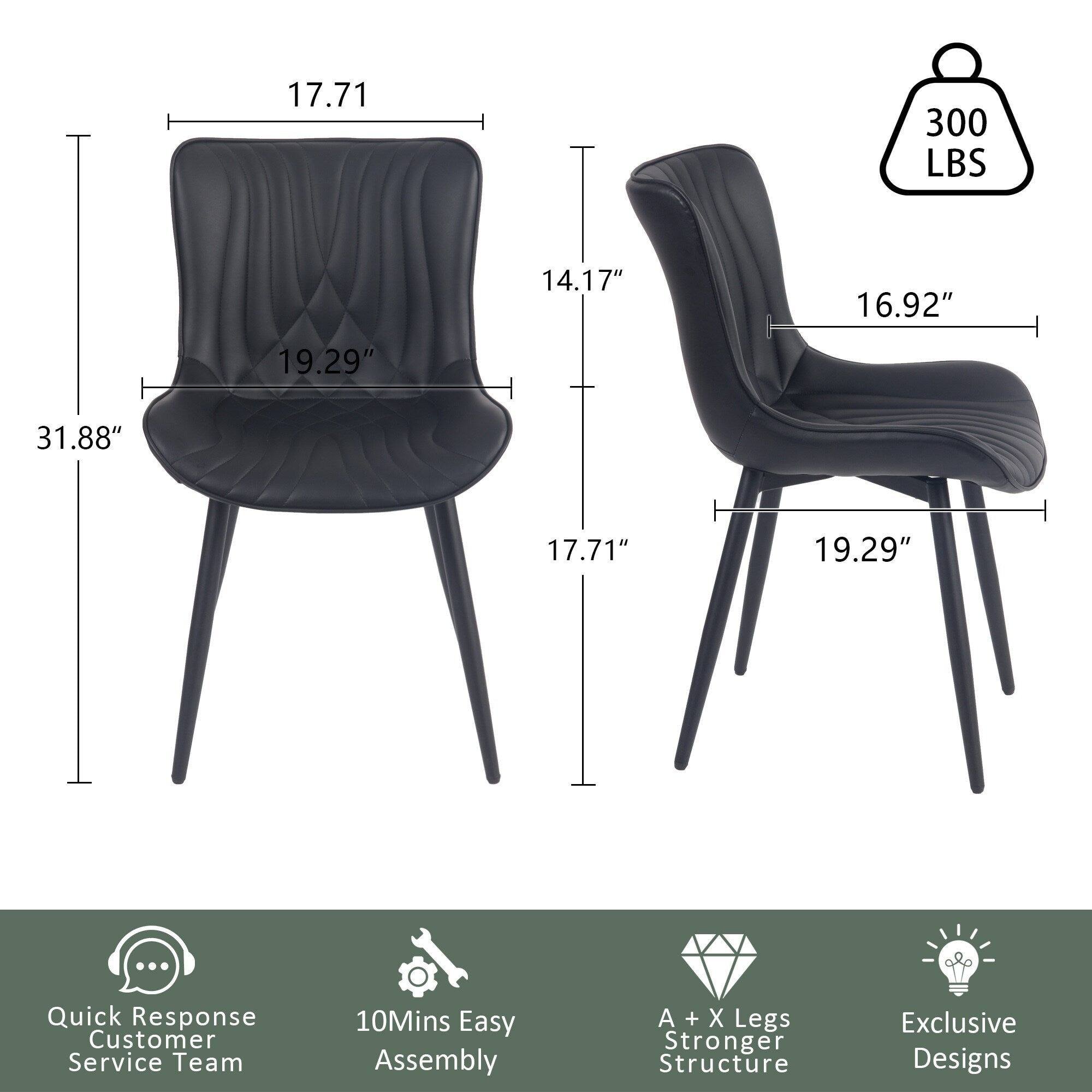 Lot de 2 chaises de salle à manger modernes en cuir rembourré sans accoudoirs