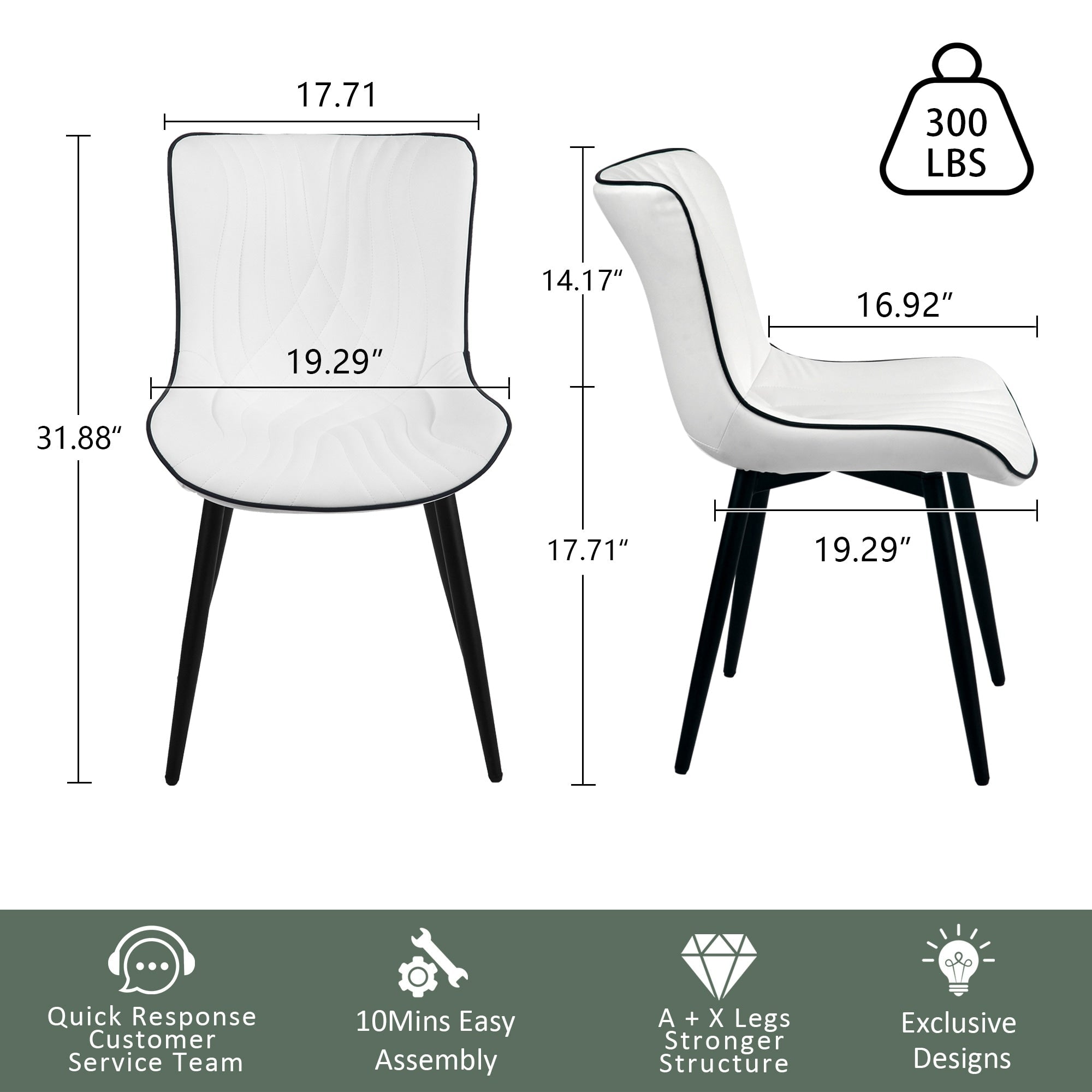 Lot de 2 chaises de salle à manger modernes en cuir rembourré sans accoudoirs