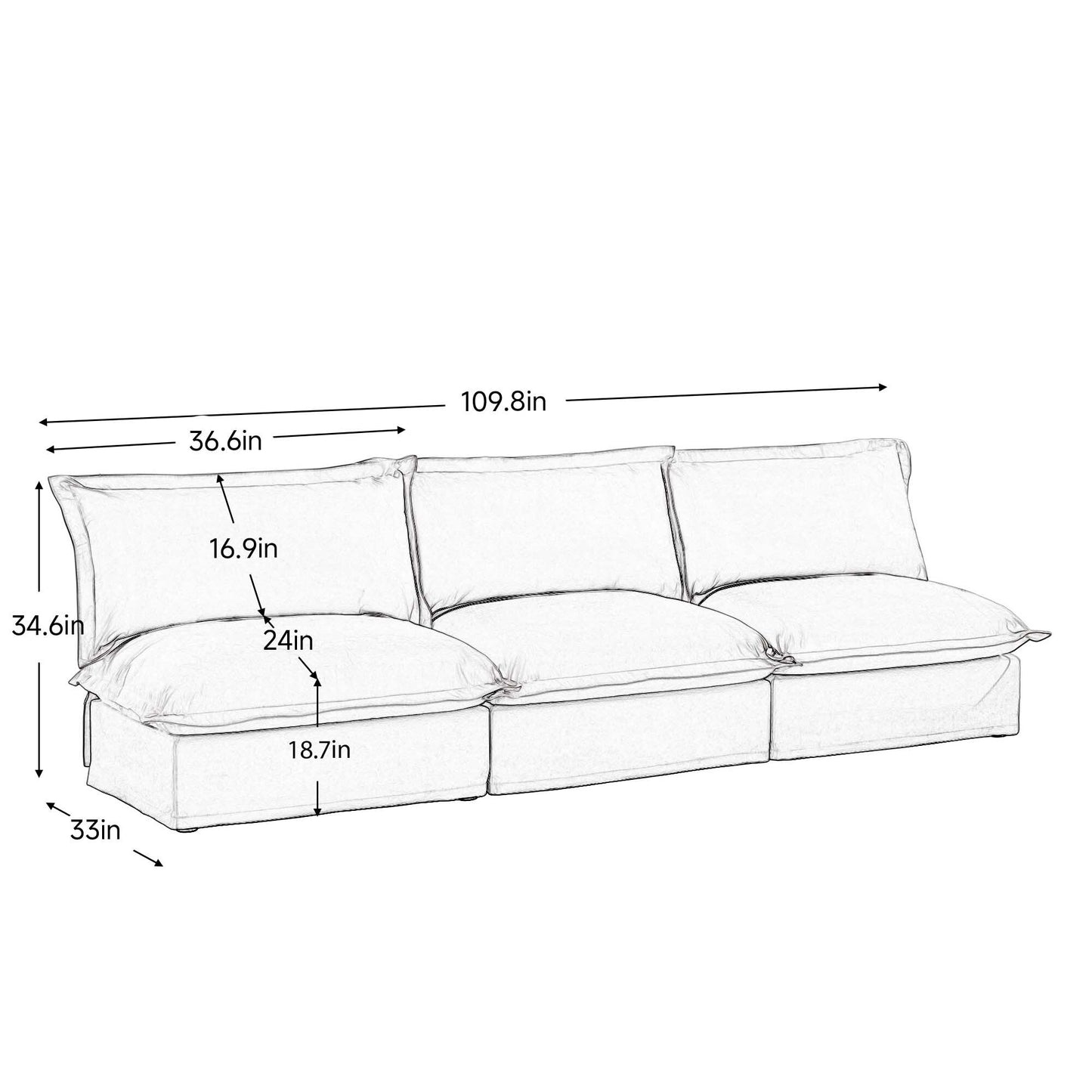 Canapé 3 places modulaire rembourré moderne sans accoudoirs, canapé 3 places à assise profonde, canapé sans accoudoirs, combinaison gratuite