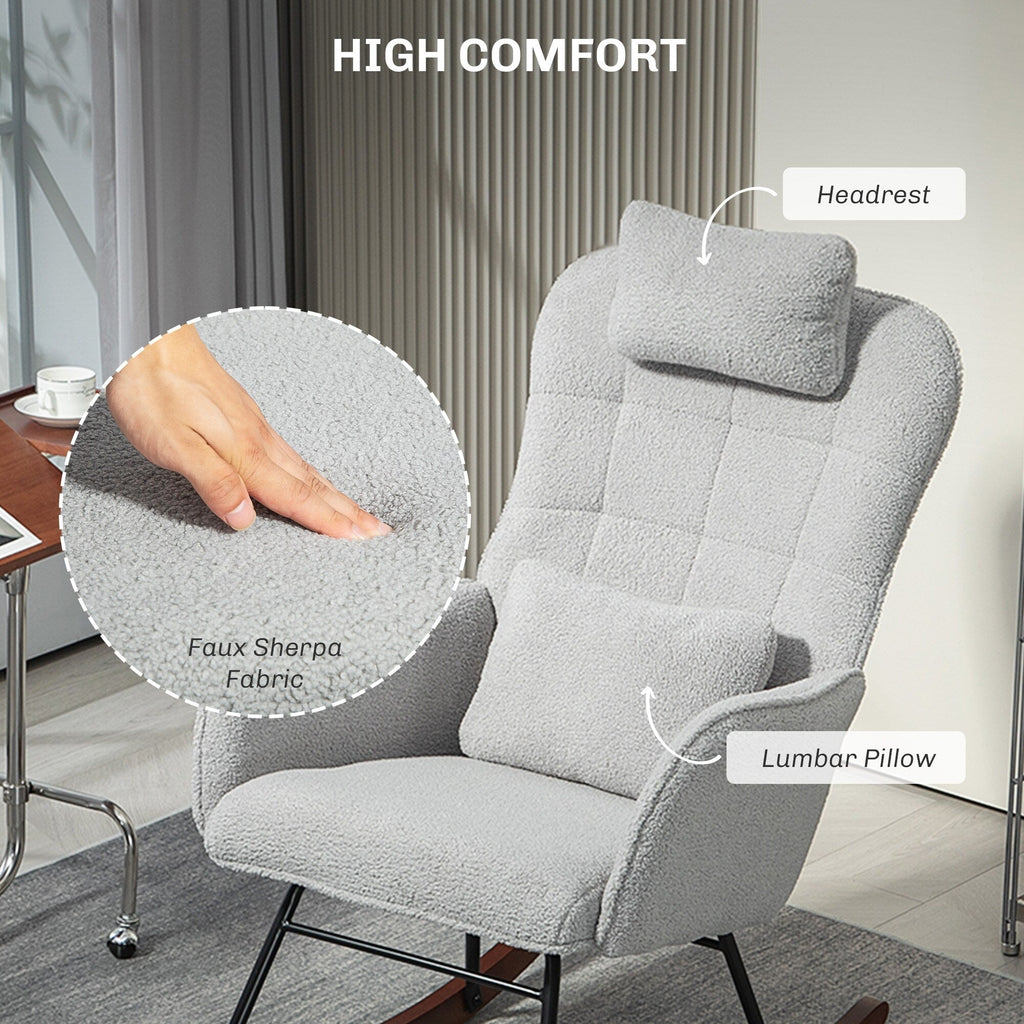 Fauteuil à bascule rembourré moderne avec dossier haut, appui-tête et coussin lombaire pour salon ou chambre à coucher