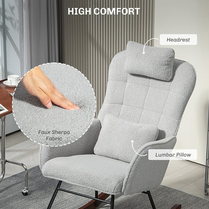 Fauteuil à bascule rembourré moderne avec dossier haut, appui-tête et coussin lombaire pour salon ou chambre à coucher