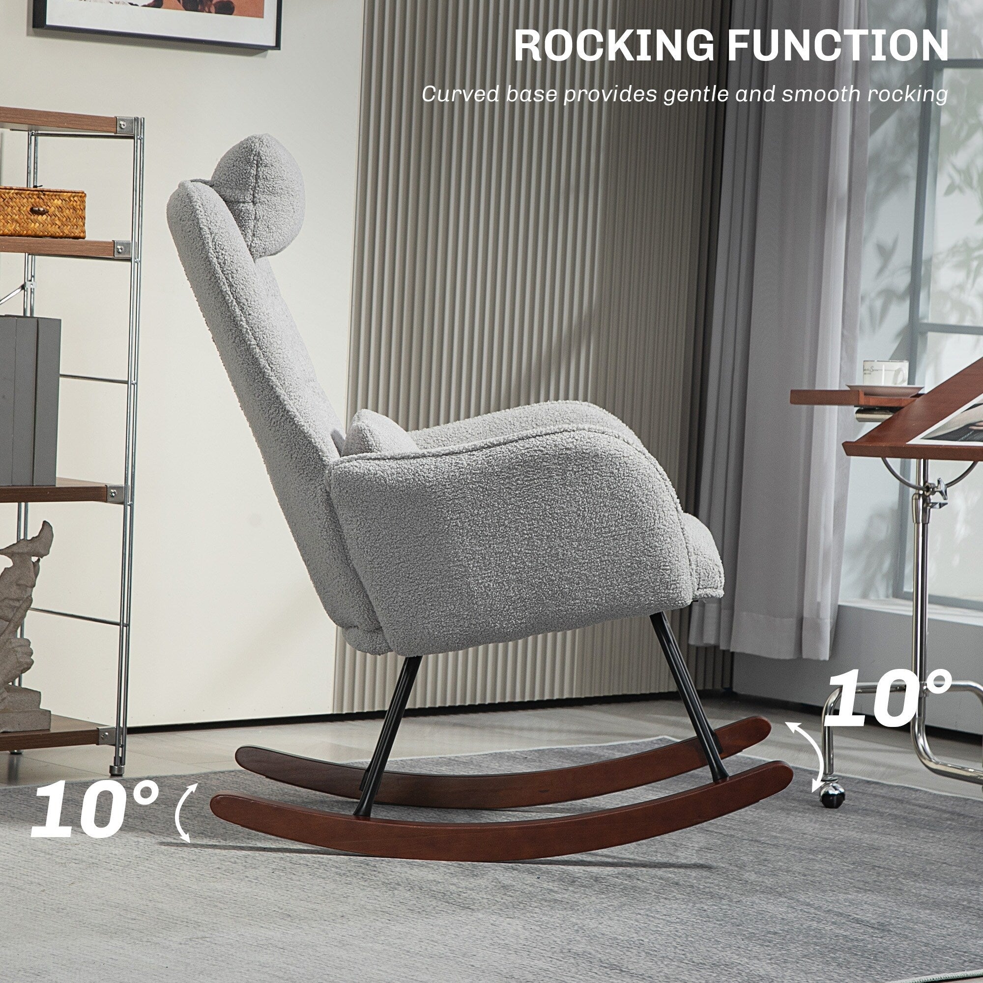 Fauteuil à bascule rembourré moderne avec dossier haut, appui-tête et coussin lombaire pour salon ou chambre à coucher