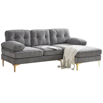 Canapé sectionnel moderne en velours en forme de L avec pieds en métal et dossier large pour salon et chambre à coucher