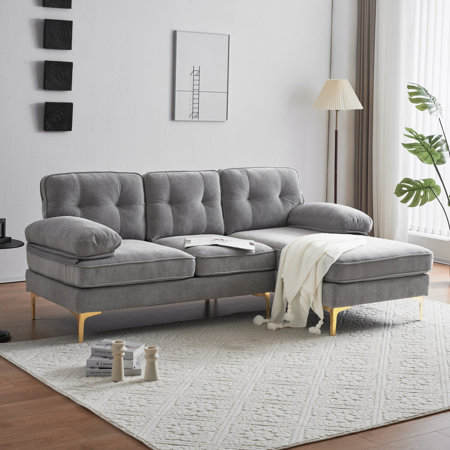Canapé sectionnel moderne en velours en forme de L avec pieds en métal et dossier large pour salon et chambre à coucher