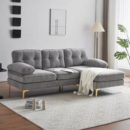 Canapé sectionnel moderne en velours en forme de L avec pieds en métal et dossier large pour salon et chambre à coucher