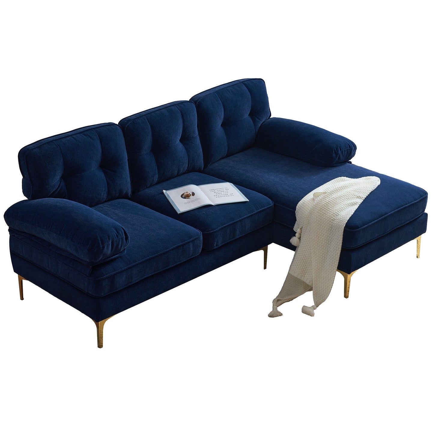Canapé sectionnel moderne en velours en forme de L avec pieds en métal et dossier large pour salon et chambre à coucher