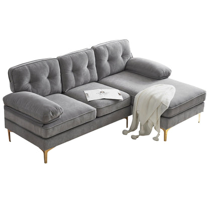 Canapé sectionnel moderne en velours en forme de L avec pieds en métal et dossier large pour salon et chambre à coucher