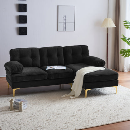 Canapé sectionnel moderne en velours en forme de L avec pieds en métal et dossier large pour salon et chambre à coucher