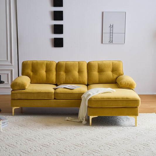 Canapé sectionnel moderne en velours en forme de L avec pieds en métal et dossier large pour salon et chambre à coucher