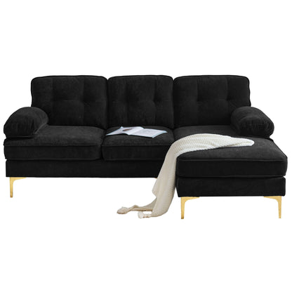 Canapé sectionnel moderne en velours en forme de L avec pieds en métal et dossier large pour salon et chambre à coucher