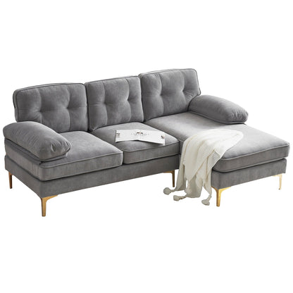 Canapé sectionnel moderne en velours en forme de L avec pieds en métal et dossier large pour salon et chambre à coucher