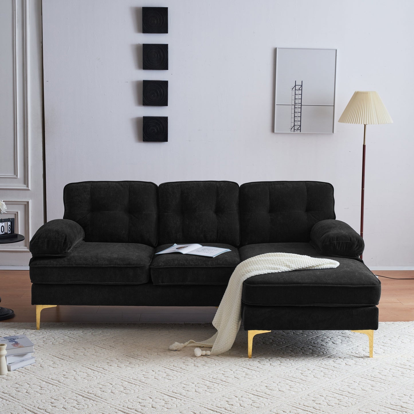 Canapé sectionnel moderne en velours en forme de L avec pieds en métal et dossier large pour salon et chambre à coucher