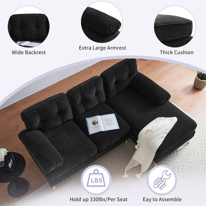 Canapé sectionnel moderne en velours en forme de L avec pieds en métal et dossier large pour salon et chambre à coucher