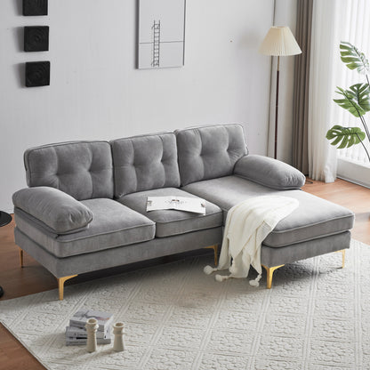 Canapé sectionnel moderne en velours en forme de L avec pieds en métal et dossier large pour salon et chambre à coucher