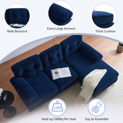 Canapé sectionnel moderne en velours en forme de L avec pieds en métal et dossier large pour salon et chambre à coucher