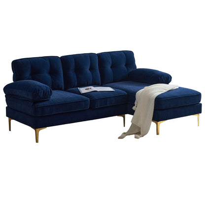 Canapé sectionnel moderne en velours en forme de L avec pieds en métal et dossier large pour salon et chambre à coucher