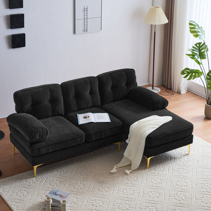 Canapé sectionnel moderne en velours en forme de L avec pieds en métal et dossier large pour salon et chambre à coucher