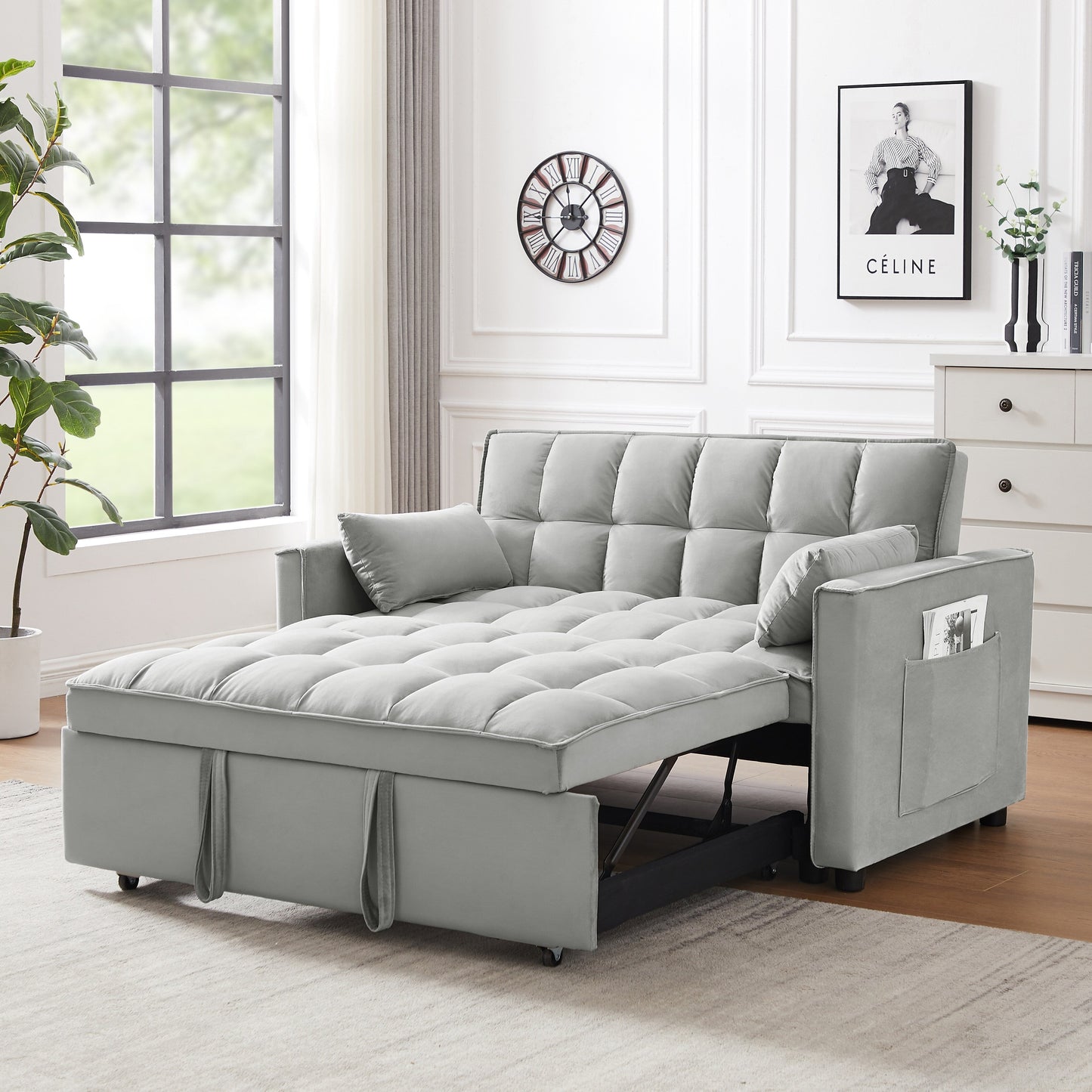 Canapé-lit futon moderne en velours avec lit gigogne, petit canapé de salon avec dossier inclinable et coussins décoratifs