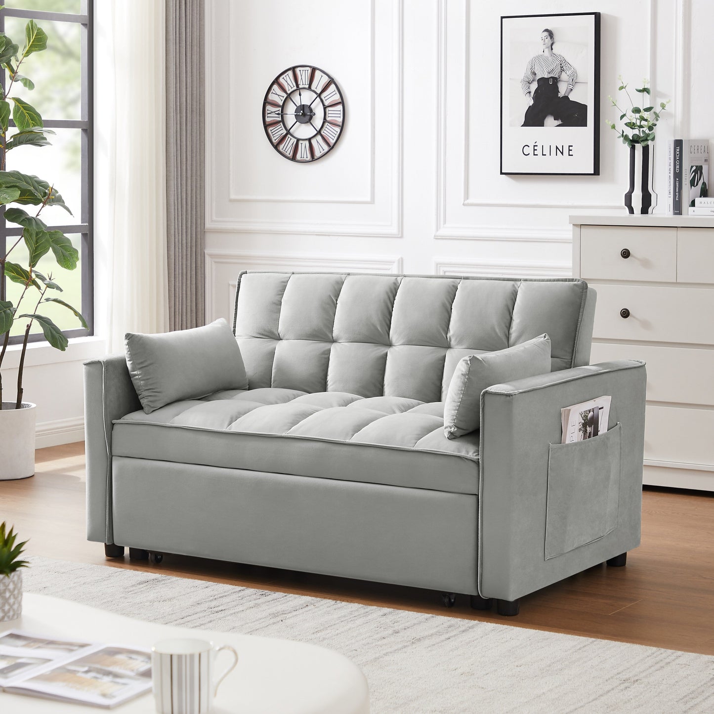 Canapé-lit futon moderne en velours avec lit gigogne, petit canapé de salon avec dossier inclinable et coussins décoratifs