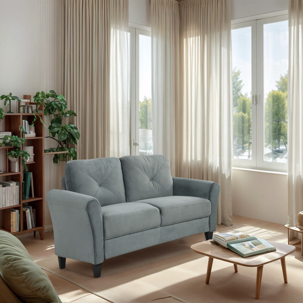 Causeuse moderne en velours avec dossier incliné et cadre en bois massif pour petits espaces de salon
