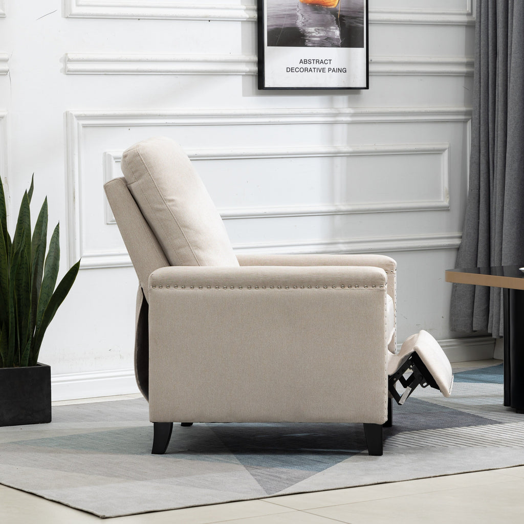 Fauteuil inclinable manuel moderne en velours avec coussins et décoration cloutée