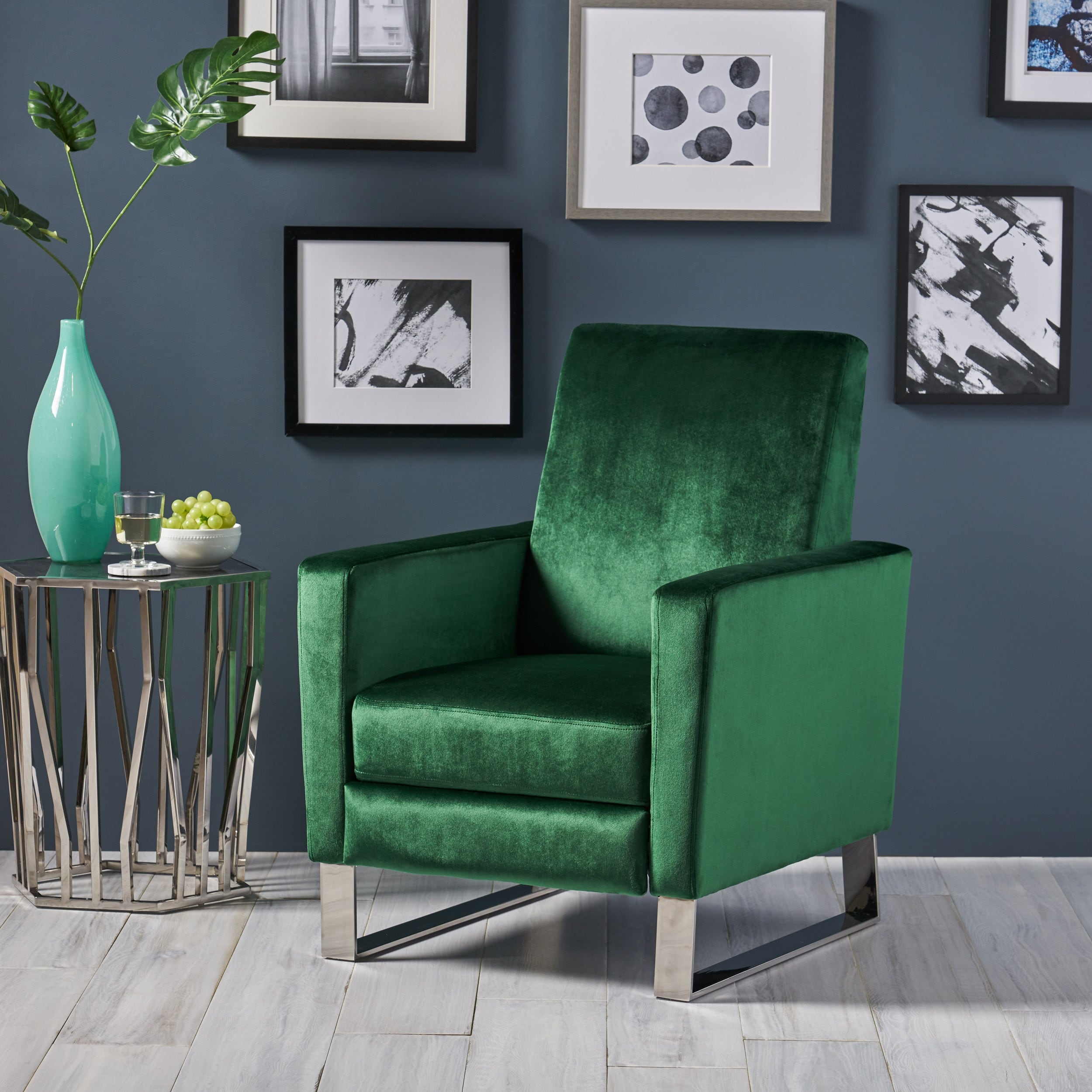 Fauteuil inclinable moderne rembourré en velours avec repose-pieds et pieds en acier inoxydable