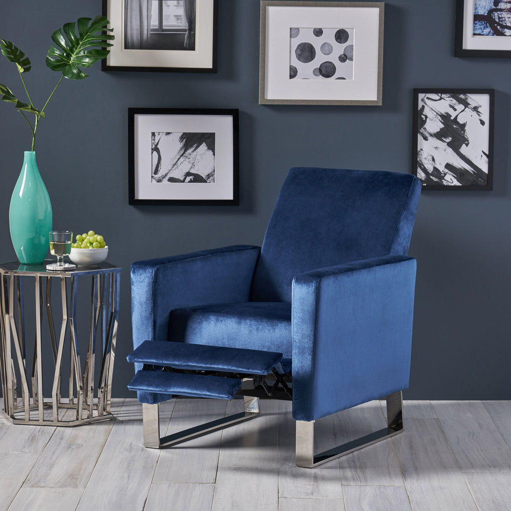 Fauteuil inclinable moderne rembourré en velours avec repose-pieds et pieds en acier inoxydable