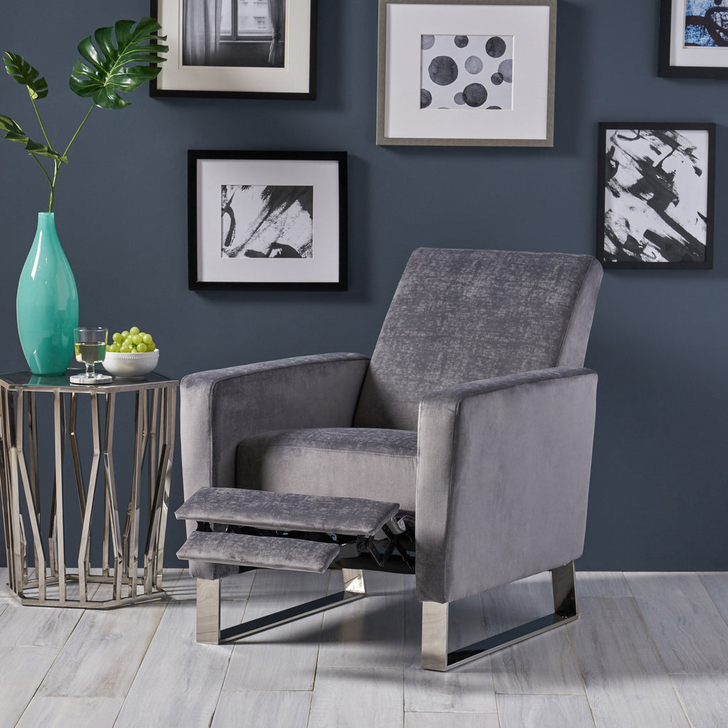 Fauteuil inclinable moderne rembourré en velours avec repose-pieds et pieds en acier inoxydable