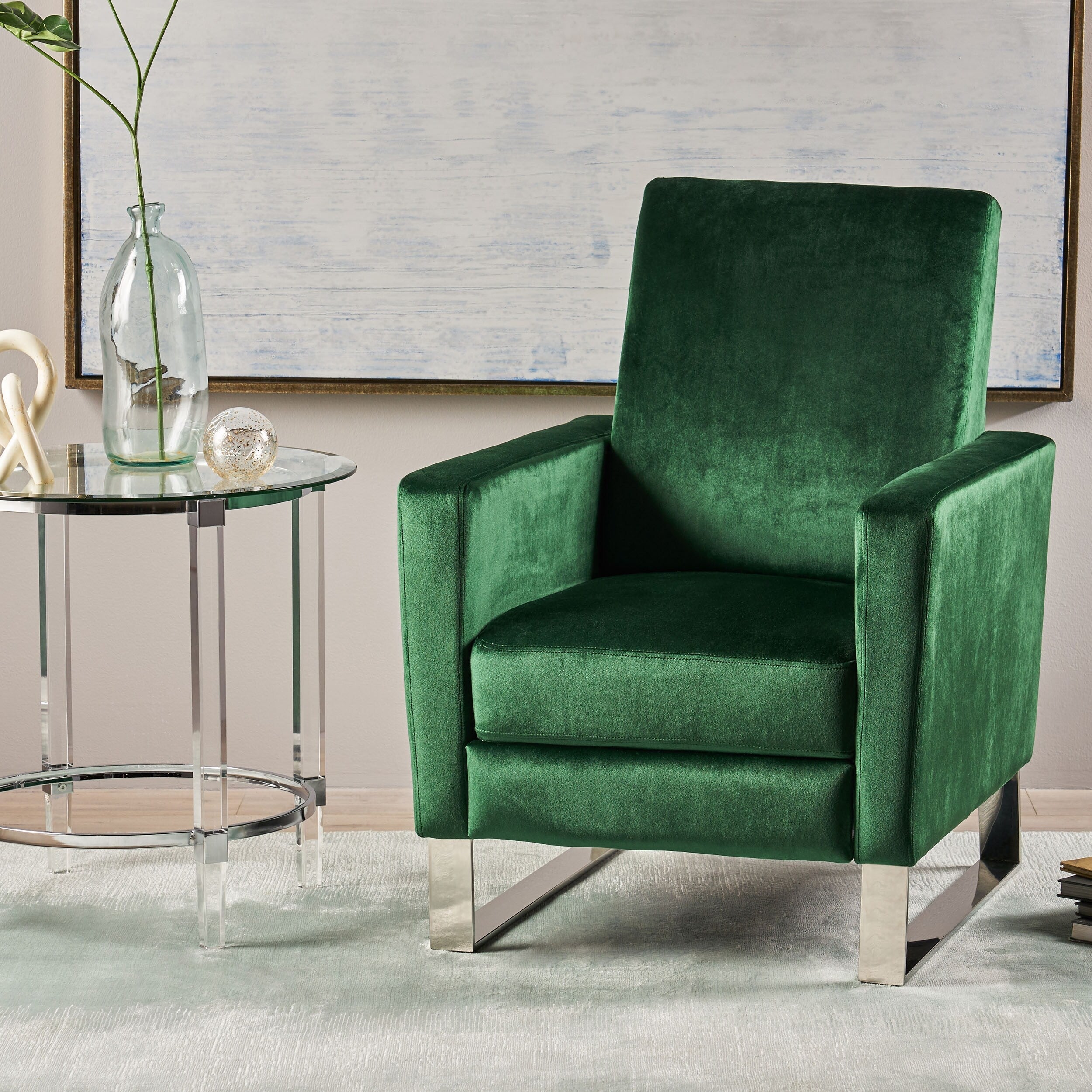 Fauteuil inclinable moderne rembourré en velours avec repose-pieds et pieds en acier inoxydable