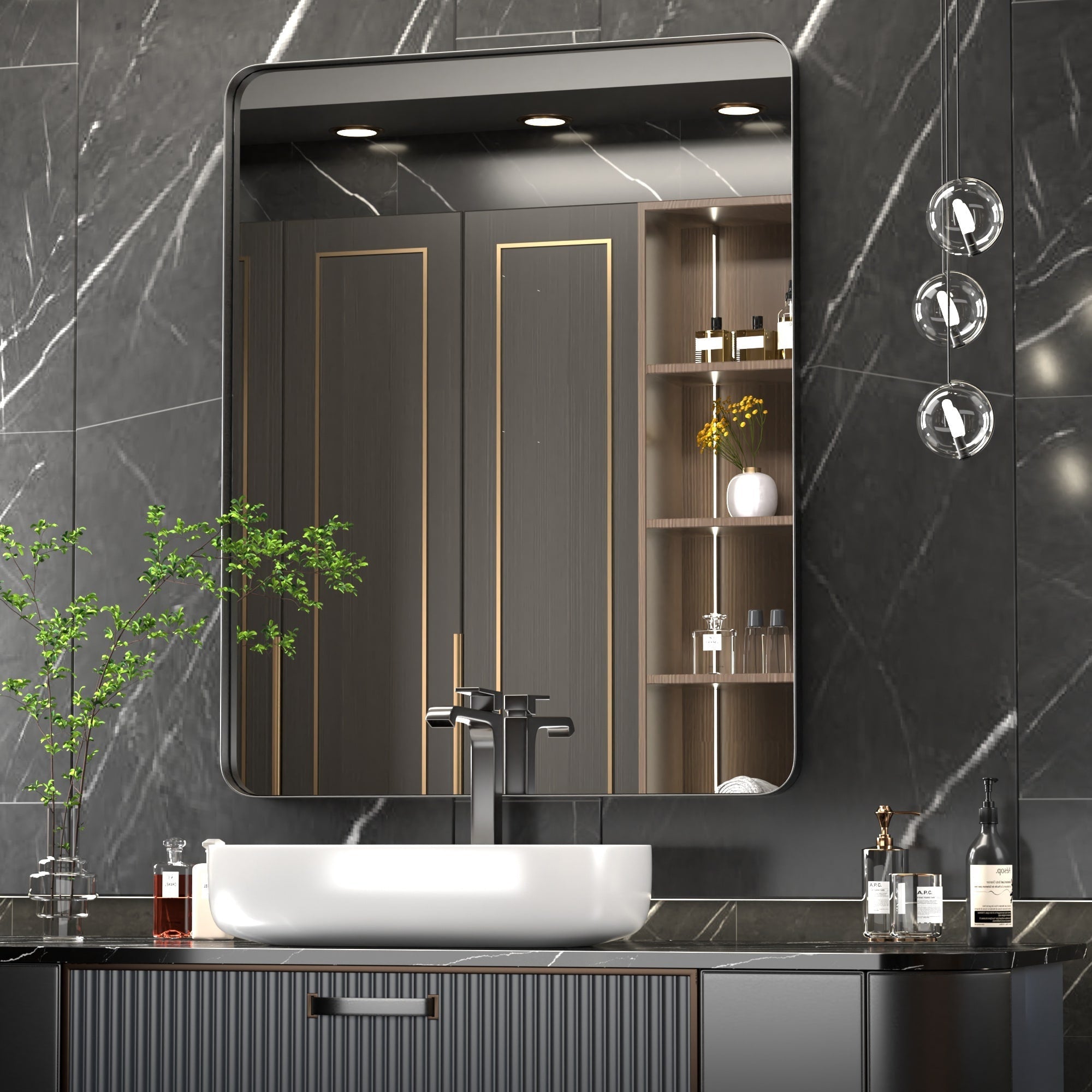 Miroir mural moderne, miroir rectangulaire avec cadre en métal, miroir de salle de bain avec miroir de courtoisie d'angle rond pour vertical/horizontal