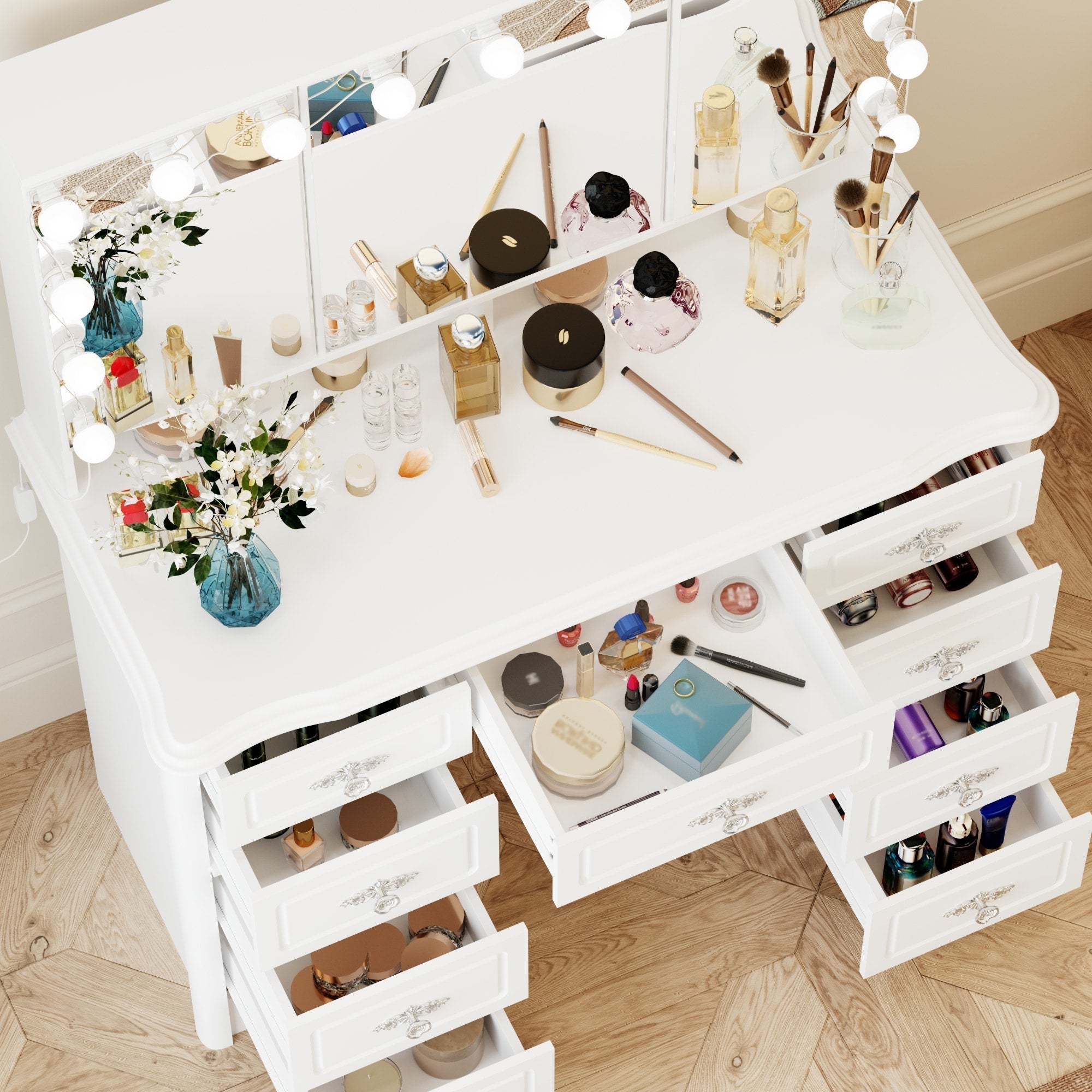 Modern White Makeup Vanity Fold Mirror Adjustable Lighting Dressing - 40.2x54.1