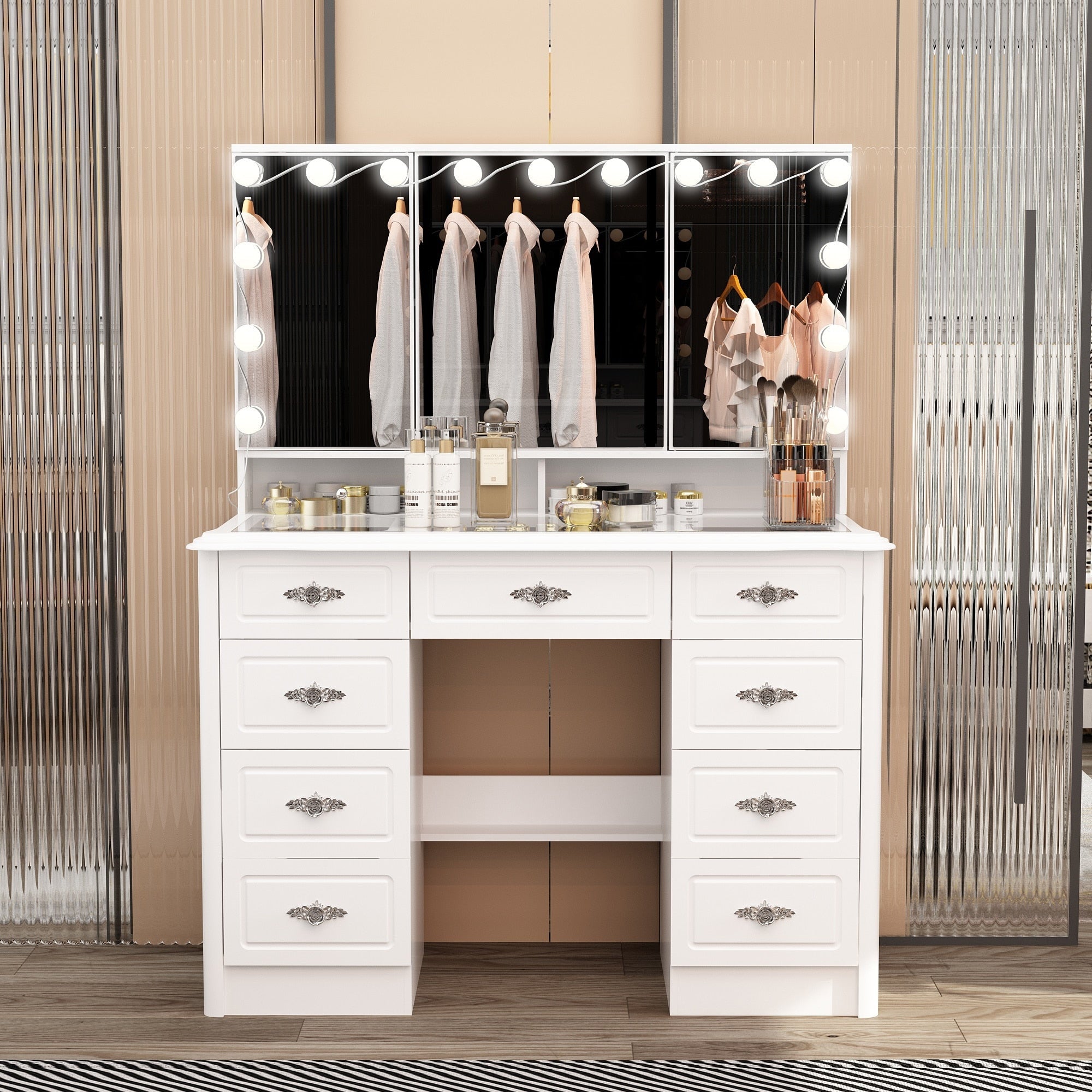 Modern White Makeup Vanity Fold Mirror Adjustable Lighting Dressing - 40.2x54.1