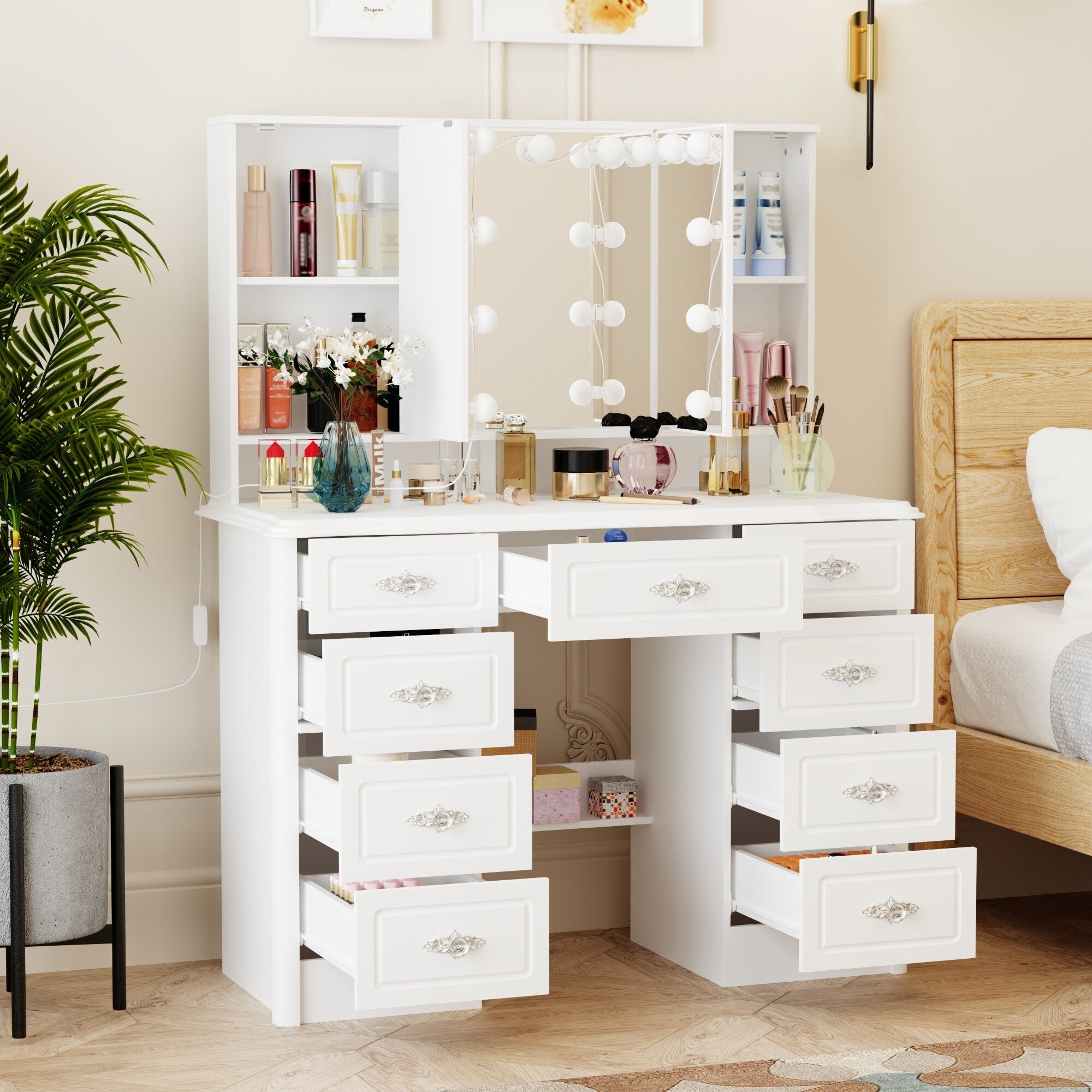 Modern White Makeup Vanity Fold Mirror Adjustable Lighting Dressing - 40.2x54.1
