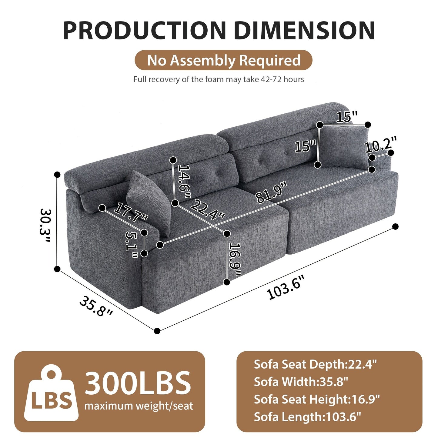 Canapé modulaire 4 places en chenille grain de bois moderne avec 2 oreillers pour salon et appartement