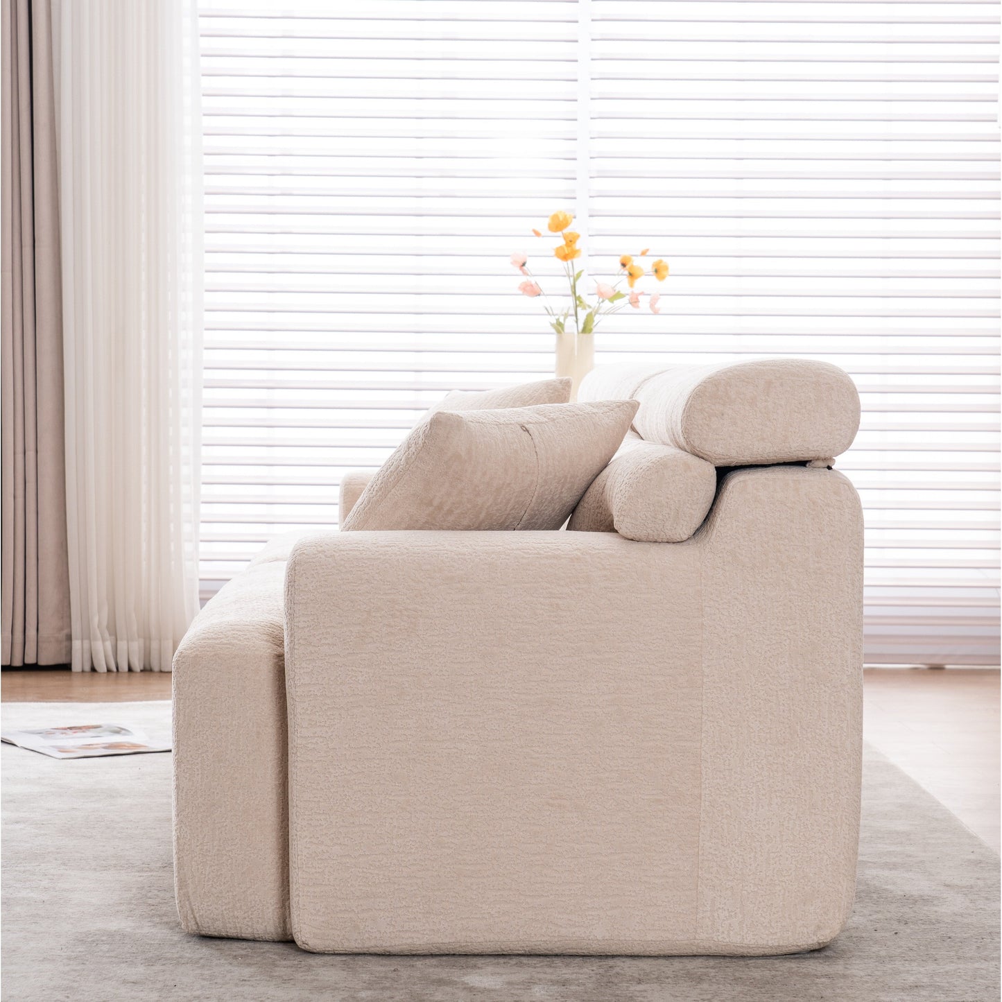Canapé modulaire 4 places en chenille grain de bois moderne avec 2 oreillers pour salon et appartement